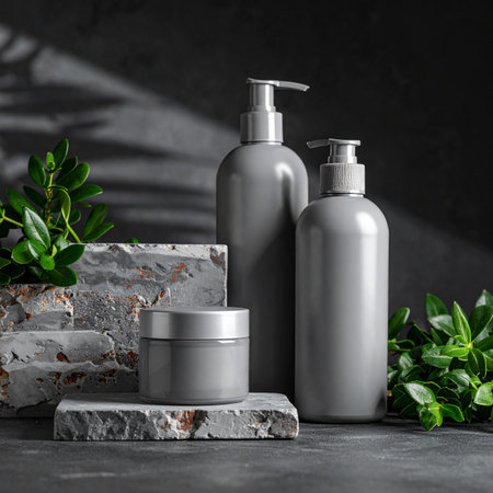 Gray cosmetic bottles and jar on stone pedestals with green leaves and a dark background.の素材