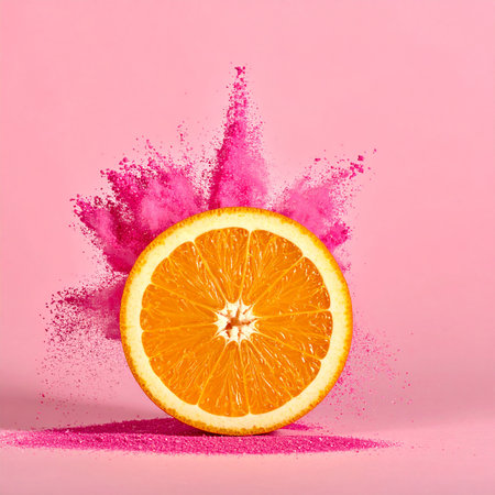 An orange slice is positioned in front of a dynamic explosion of pink powder. Clear details and vibrant color...の素材