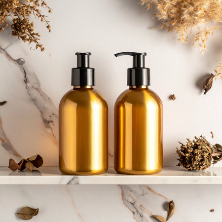 A pair of gold pump bottles are displayed on a marble shelf with dried natural elements.の素材