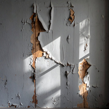 Sunlight streaks across a wall with peeling paint and exposed wood showing decay.の素材