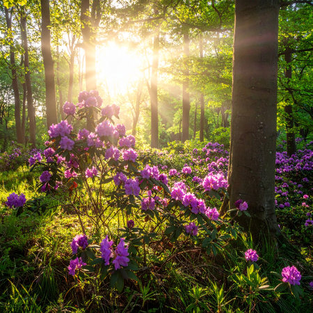 Scattered purple rhododendron blooms in a sunlit forest with moss and tree trunks visible.の素材
