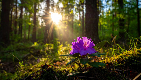 A solitary purple rhododendron flower glows in the golden sunbeams of a tranquil forest.の素材