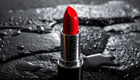 Red lipstick with water droplets sits on a dark textured surface. Clear details and vibrant colors enhance vi...の素材