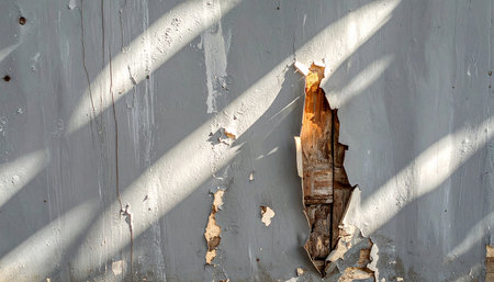 Diagonal sunlight and shadows fall on a wall with a large opening exposing weathered, damaged wood.の素材