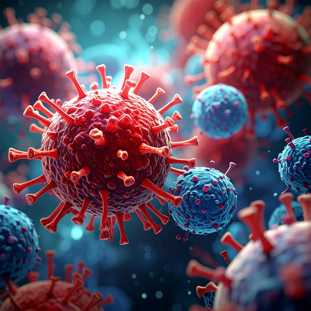 Red and blue virus particles with prominent spikes floating in a dark, blurred backgroundの素材