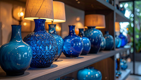 A row of blue glass vases and lamps with warm light illuminating them on wooden shelves.の素材