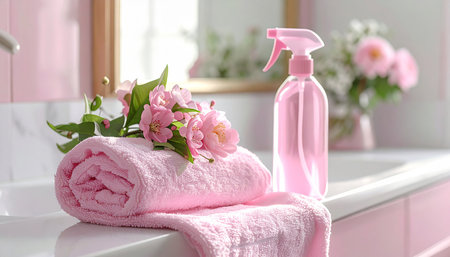 A pink towel and pink flowers sit next to a pink spray bottle on a pink countertop.の素材