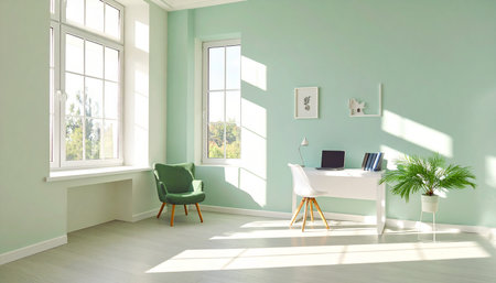 A bright home office with green walls, two windows, a desk, chair, and armchair. Clear details and vibrant co...の素材