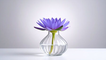 A single purple water lily in a clear ribbed glass vase filled with water. Clear details and vibrant colors e...の素材