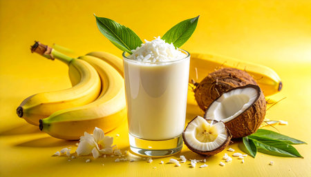 A glass of coconut banana smoothie topped with grated coconut and garnished with leaves and a flower.の素材