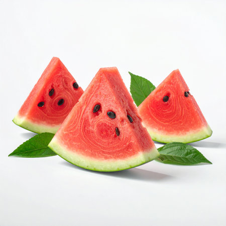 Three triangular watermelon slices with visible seeds and green leaves arranged on a white background.の素材
