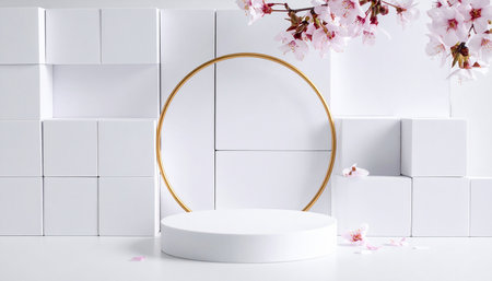 A white cylindrical podium sits before white cubes adorned with cherry blossoms. Clear details and vibrant co...の素材