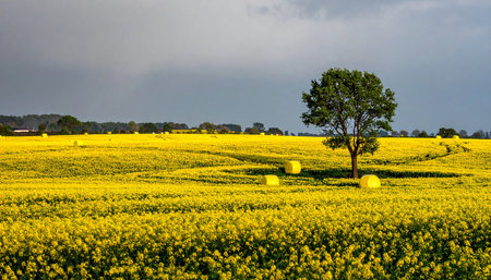 A vast yellow rapeseed field stretches to the horizon with a lone tree and round hay bales.の素材