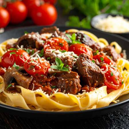 Tagliatelle pasta with beef ragu, cherry tomatoes, mushrooms, and grated cheese Clear details and vibrant col...の素材