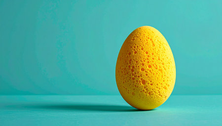 A yellow egg-shaped sponge sits on a teal surface with a large empty space. Clear details and vibrant colors ...の素材