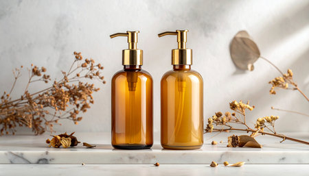 Two amber glass pump bottles with gold dispensers and dried floral accents. Clear details and vibrant colors ...の素材