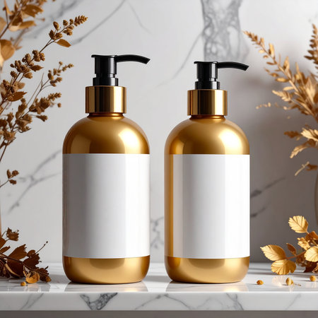 Two gold pump bottles with blank white labels sit on a marble shelf with golden dried foliage.の素材