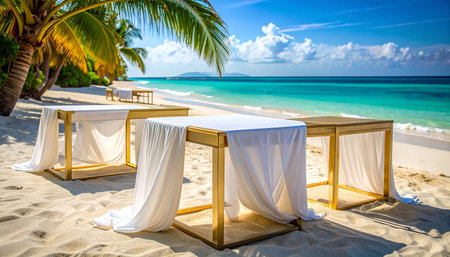 Tables draped in white fabric are arranged on a sandy beach with palm trees and a turquoise ocean.の素材