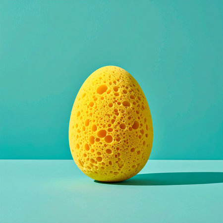 A yellow egg-shaped sponge with a porous texture sits on a teal surface. Clear details and vibrant colors enh...の素材