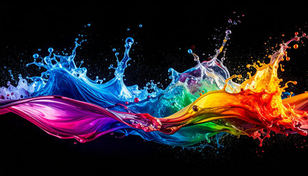 Dynamic splashes of rainbow colored liquid paint create waves against a black background.の素材