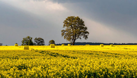 A yellow rapeseed field with trees and round hay bales under a dramatic cloudy sky.の素材