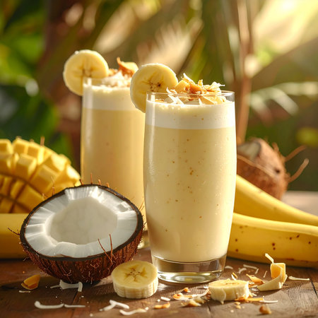 Tropical smoothie with banana, mango, and coconut, garnished with fruit slices. Clear details and vibrant col...の素材
