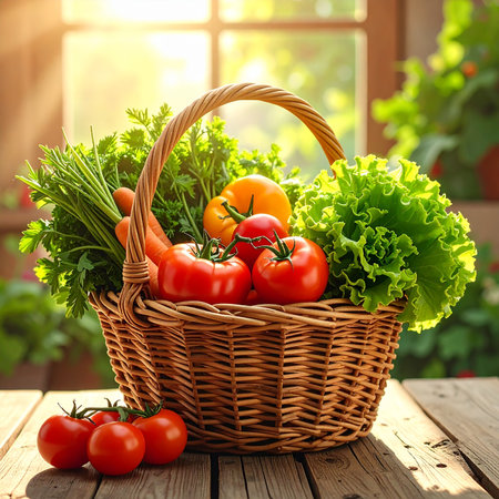 A basket of fresh vegetables rests on a wooden table with warm sunlight and a kitchen.の素材