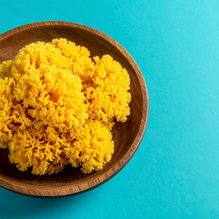 Top view of yellow coral fungus clusters in a wooden bowl. Clear details and vibrant colors enhance visual ap...の素材