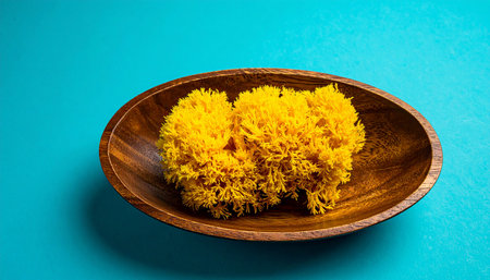 Two yellow, coral-like objects are presented in a brown wooden bowl on a blue background.の素材