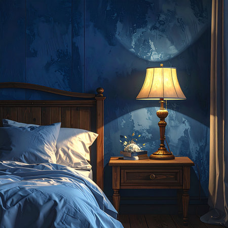 A warm bedside lamp illuminates a bedroom with a wooden bed and textured blue wall.の素材