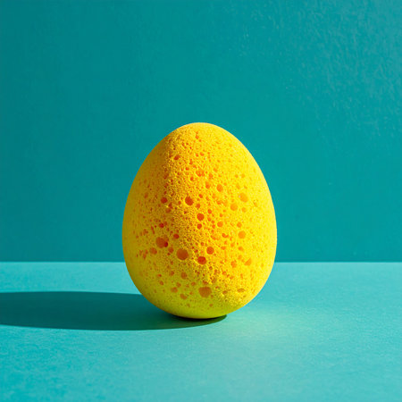 A yellow egg-shaped sponge with a textured, porous surface on teal. Clear details and vibrant colors enhance ...の素材