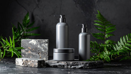Gray cosmetic bottles and jar on stone slabs with ferns and a dark textured background.の素材