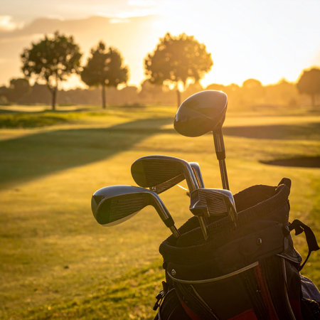 A golf bag with clubs is in the foreground, with a golden sunset over a golf course and trees.の素材