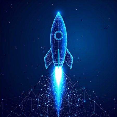 A neon blue wireframe rocket ascends from a glowing digital network against a starry night sky.の素材