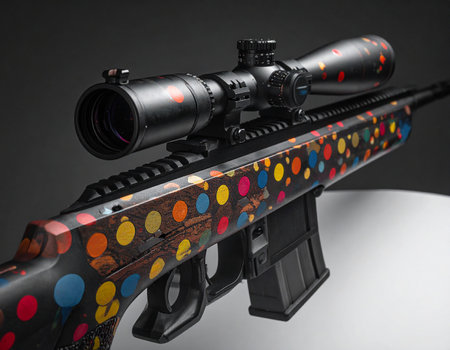 A sniper rifle with a black finish adorned with colorful polka dots and a scope. Clear details and vibrant col...の素材