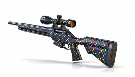 A sniper rifle with a colorful polka dot patterned stock is shown on a white background with a reflection.の素材