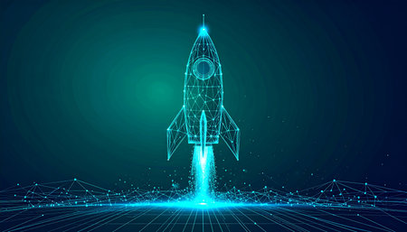 A neon blue wireframe rocket blasts off from a digital network on a dark background.の素材