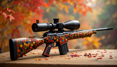 A sniper rifle with a colorful circular pattern rests on a wooden table amidst autumn leaves.の素材