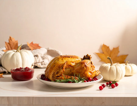 A golden roasted turkey is presented with white pumpkins and cranberry sauce on a white surface.の素材