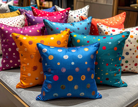 A collection of colorful decorative throw pillows with various polka dot and coin patterns.の素材