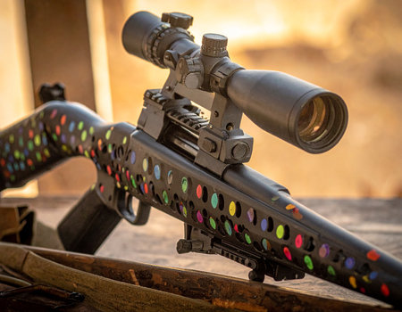 A sniper rifle with a colorful polka dot pattern and scope rests on a wooden surface outdoors.の素材