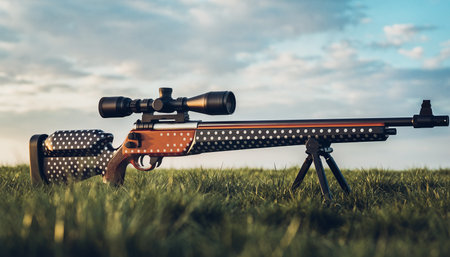 A sniper rifle with a polka dot patterned stock rests on a bipod in a grassy field under a cloudy sky.の素材