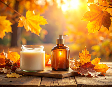 Cream jar and amber pump bottle with autumn leaves and warm sunlight on wood Clear details and vibrant colors ...の素材