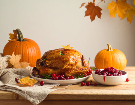 A whole roasted turkey sits on a white plate surrounded by cranberries and rosemary with pumpkins nearby.の素材