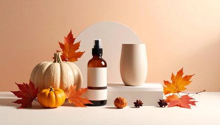 A still life arrangement featuring pumpkins, a spray bottle, and a vase with autumn leaves.の素材