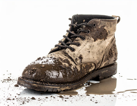A single, heavily mud-covered work boot sits on a white surface with a reflection.の素材