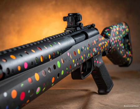 A black sniper rifle with a colorful polka dot pattern and a red dot sight is displayed.の素材
