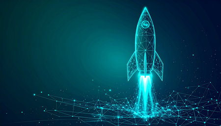 A glowing blue wireframe rocket launches from a digital network on a dark background.の素材