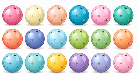 A collection of colorful bowling balls with finger holes arranged in rows on a white background.の素材
