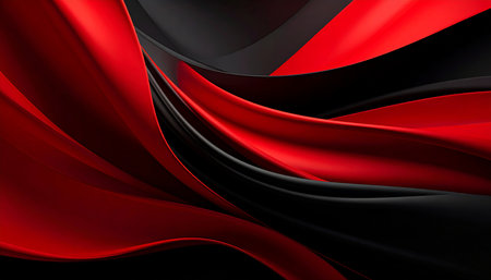 Dynamic abstract swirls and curves of red and black fabric create a dramatic and luxurious background.の素材
